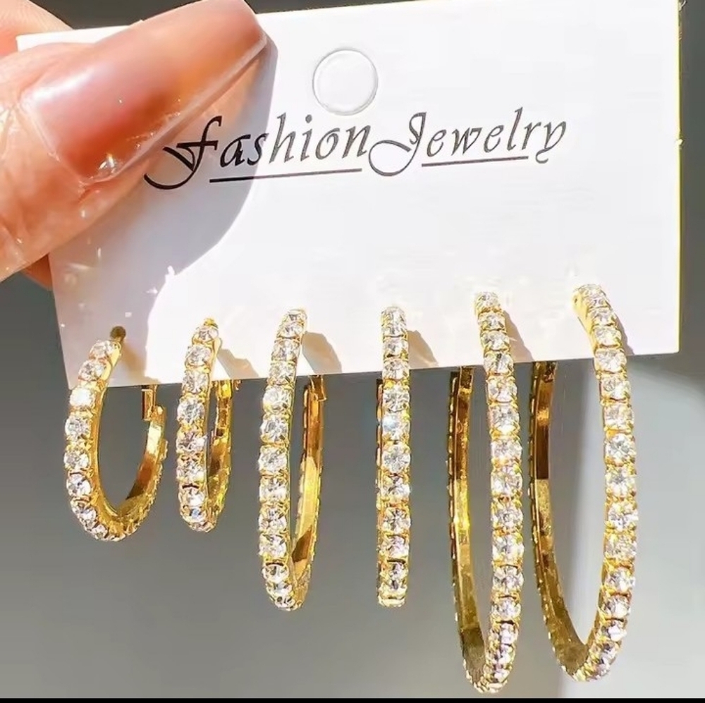 Hoop Earrings 3pr Gold Rhinestone Crystal New F69